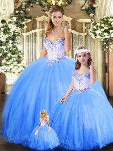 New Style Sleeveless Floor Length Beading Lace Up Quinceanera Dresses with Blue