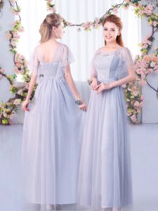 Captivating Tulle Scoop Short Sleeves Side Zipper Lace and Belt Dama Dress for Quinceanera in Grey