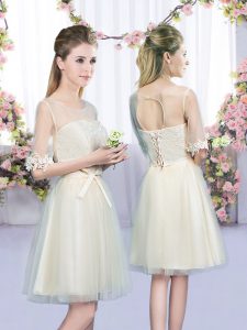 Sexy Mini Length Champagne Vestidos de Damas Tulle Half Sleeves Lace and Bowknot