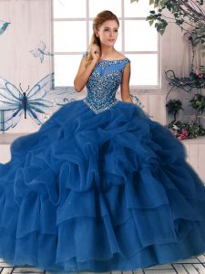 Charming Organza Scoop Sleeveless Brush Train Zipper Beading and Pick Ups 15 Quinceanera Dress in Royal Blue