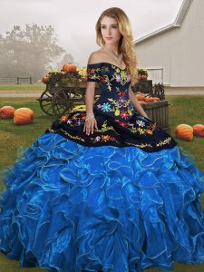 Blue And Black Lace Up Sweet 16 Quinceanera Dress Embroidery and Ruffles Sleeveless Floor Length