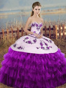 Delicate White And Purple Ball Gowns Organza Sweetheart Sleeveless Embroidery and Ruffled Layers and Bowknot Floor Length Lace Up Quinceanera Gowns