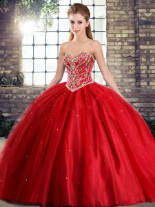 Customized Sweetheart Sleeveless Brush Train Lace Up 15th Birthday Dress Red Tulle