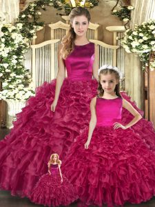 Sleeveless Organza Floor Length Lace Up Ball Gown Prom Dress in Fuchsia with Ruffles