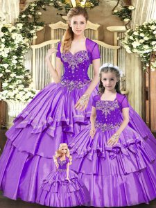 Lovely Lavender Organza and Taffeta Lace Up Sweetheart Sleeveless Floor Length Ball Gown Prom Dress Beading and Ruffled Layers