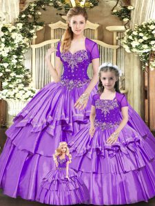 Lovely Lavender Organza and Taffeta Lace Up Sweetheart Sleeveless Floor Length Ball Gown Prom Dress Beading and Ruffled Layers