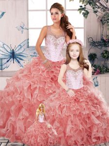 Watermelon Red Sweet 16 Dress Military Ball and Sweet 16 and Quinceanera with Beading and Ruffles Scoop Sleeveless Clasp Handle