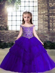 Customized Off The Shoulder Sleeveless Tulle Winning Pageant Gowns Beading and Lace and Appliques Lace Up