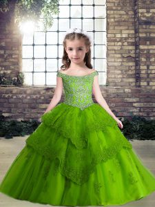 Green Sleeveless Floor Length Beading Lace Up Girls Pageant Dresses