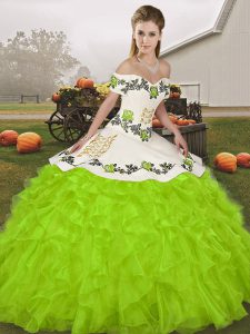Glittering Organza Sleeveless Floor Length 15th Birthday Dress and Embroidery and Ruffles