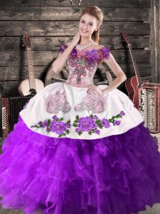 Purple Ball Gowns Organza Off The Shoulder Sleeveless Embroidery Floor Length Lace Up Quinceanera Dress