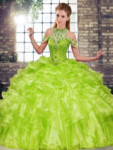 Unique Halter Top Sleeveless Quince Ball Gowns Floor Length Beading and Ruffles Olive Green Organza