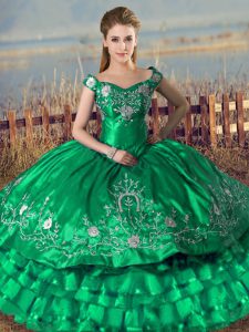 Fashionable Green Lace Up Quinceanera Dresses Embroidery and Ruffled Layers Sleeveless Floor Length