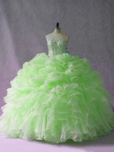 Custom Made Green Ball Gowns Organza Sweetheart Sleeveless Beading and Ruffles and Pick Ups Lace Up Quinceanera Gowns Brush Train