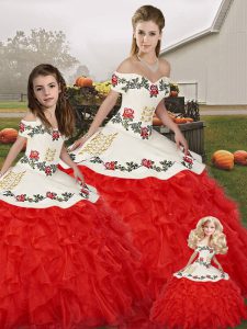 Exquisite White And Red Lace Up Sweet 16 Dresses Embroidery and Ruffles Sleeveless Floor Length
