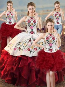 Luxury Floor Length Lace Up Sweet 16 Dresses White And Red for Sweet 16 and Quinceanera with Embroidery and Ruffles