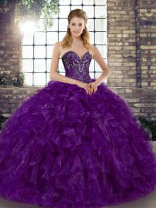Beading and Ruffles Quinceanera Gown Purple Lace Up Sleeveless Floor Length