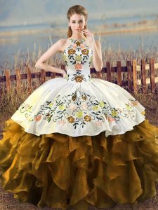 Brown Ball Gowns Embroidery and Ruffles Vestidos de Quinceanera Lace Up Organza Sleeveless Floor Length