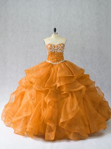 Smart Sweetheart Sleeveless Sweet 16 Dress Floor Length Beading and Ruffles Orange Organza
