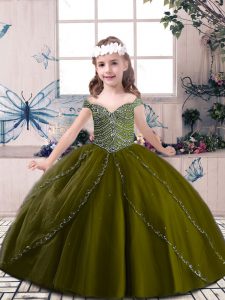 Super Floor Length Olive Green Girls Pageant Dresses Tulle Sleeveless Beading