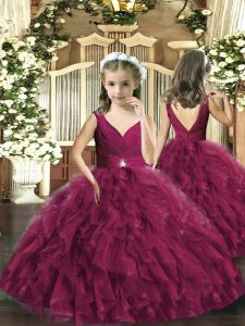 Dramatic Floor Length Burgundy Girls Pageant Dresses Tulle Sleeveless Beading and Ruffles