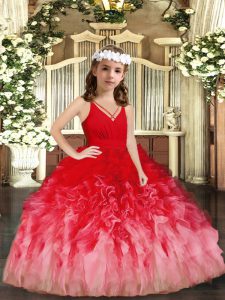 Perfect Red and Multi-color Ball Gowns Tulle V-neck Sleeveless Ruffles Floor Length Zipper Child Pageant Dress
