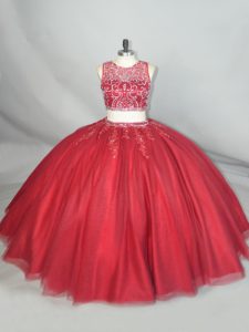 Low Price Red Scoop Neckline Beading and Appliques Ball Gown Prom Dress Sleeveless Zipper