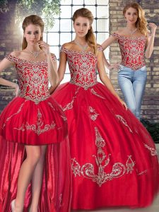 New Arrival Red Sleeveless Beading and Embroidery Floor Length Sweet 16 Dresses
