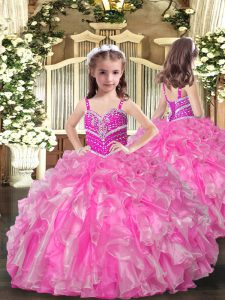 Rose Pink Sleeveless Organza Lace Up Little Girls Pageant Dress Wholesale for Party and Wedding Party