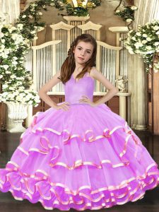 Lovely Lavender Organza Lace Up Straps Sleeveless Floor Length Little Girls Pageant Gowns Ruffled Layers