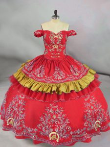 Off The Shoulder Sleeveless Satin Sweet 16 Quinceanera Dress Embroidery Lace Up