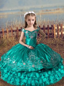 Satin and Organza Off The Shoulder Sleeveless Lace Up Embroidery and Ruffled Layers Pageant Dresses in Turquoise
