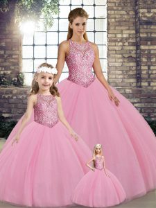Hot Sale Sleeveless Tulle Floor Length Lace Up Quinceanera Dresses in Pink with Embroidery