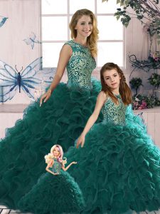 Cheap Peacock Green Sleeveless Organza Lace Up Sweet 16 Dress for Military Ball and Sweet 16 and Quinceanera