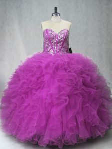 Edgy Floor Length Lace Up Vestidos de Quinceanera Fuchsia for Sweet 16 and Quinceanera with Beading and Ruffles