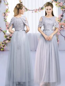 Sleeveless Tulle Floor Length Zipper Quinceanera Court Dresses in Grey with Lace and Belt