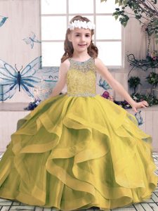 Customized Olive Green Lace Up Scoop Beading and Ruffles Little Girls Pageant Dress Tulle Sleeveless