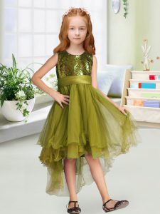 Olive Green Zipper Scoop Sequins and Bowknot Girls Pageant Dresses Organza Sleeveless