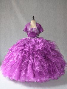 Purple Ball Gowns Organza Strapless Sleeveless Beading and Ruffles Floor Length Lace Up Quinceanera Gowns