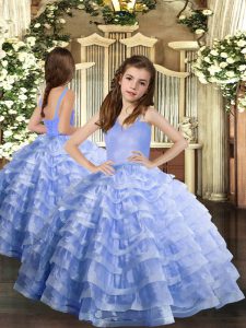 Lavender Organza Lace Up Kids Formal Wear Sleeveless Floor Length Ruffled Layers