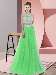 Floor Length Zipper Quinceanera Court of Honor Dress Green for Wedding Party with Lace