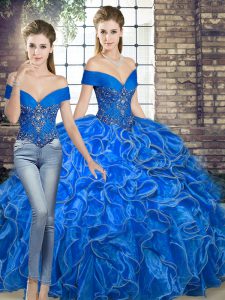 Wonderful Royal Blue Quince Ball Gowns Military Ball and Sweet 16 and Quinceanera with Beading and Ruffles Off The Shoulder Sleeveless Lace Up