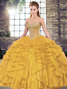 Sweetheart Sleeveless Lace Up Sweet 16 Quinceanera Dress Gold Tulle