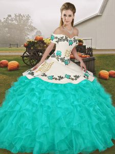 Pretty Sleeveless Organza Floor Length Lace Up Quince Ball Gowns in Turquoise with Embroidery and Ruffles