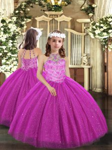 Fuchsia Girls Pageant Dresses Party and Sweet 16 and Wedding Party with Beading Halter Top Sleeveless Lace Up