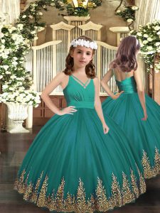 Best Floor Length Turquoise Girls Pageant Dresses V-neck Sleeveless Zipper