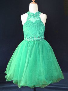 Green Organza Lace Up Pageant Dress Womens Sleeveless Mini Length Beading and Lace