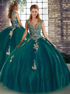 Peacock Green Quince Ball Gowns Military Ball and Sweet 16 and Quinceanera with Beading and Appliques Straps Sleeveless Lace Up