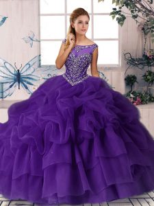 Fantastic Purple Sweet 16 Dress Organza Brush Train Sleeveless Beading and Pick Ups
