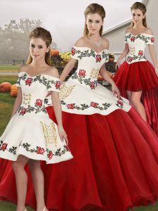Fine White And Red Sleeveless Floor Length Embroidery Lace Up Quinceanera Dresses